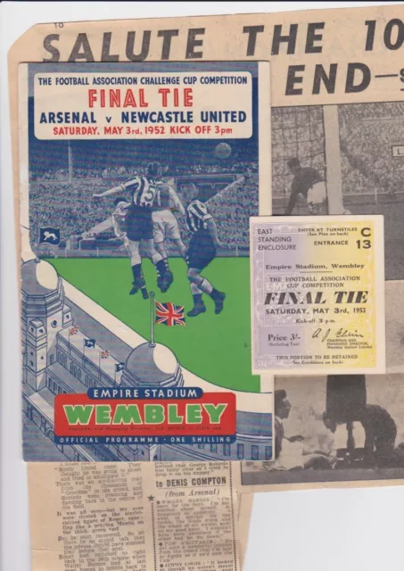 1952 FA Cup Final Arsenal v Newcastle United Programme TICKET & Press Cuttings