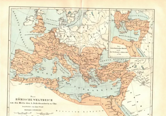 Das Römische Weltreich, mit Beiblatt, alte Landkarte. Lithographie um 1900 (L90)