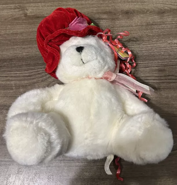 Vintage US Balloon Teddy Bear Red Hat White Plush Stuffed with Balloon