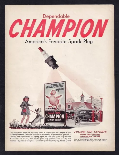 1948 CHAMPION SPARK PLUG Print Ad "Follow the experts"