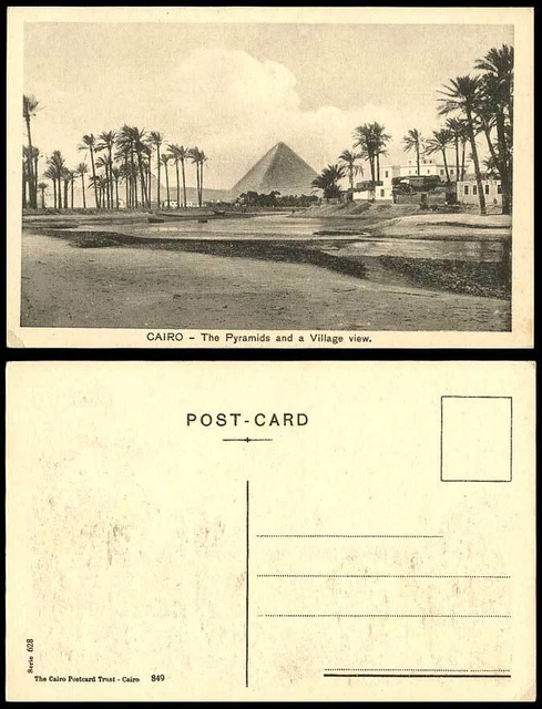 Ägypten alte Postkarte Kairo Pyramiden, ein Dorfblick Palmen Nil Nil Fluss Gizeh
