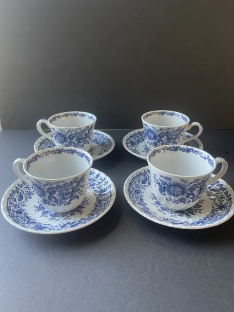 Ridgeway Ironstone Staffordshire Set Of 4 England Clifton Teacup Saucer Blue