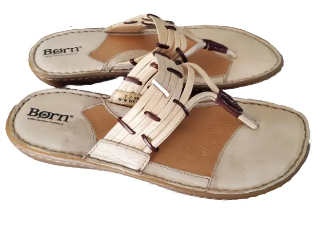 Born Womens 7 Cream Ivory Leather Thong Flip Flop Boho Strappy Sandals Comfort