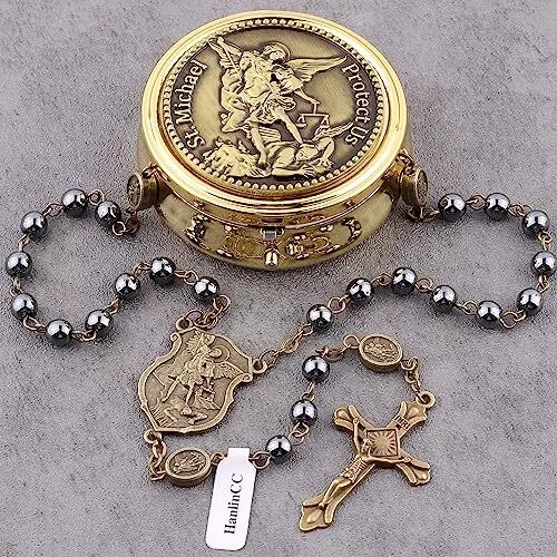 HEMATITE BLACK STONE Beads Saint Michael the Archangel Catholic Rosary ...