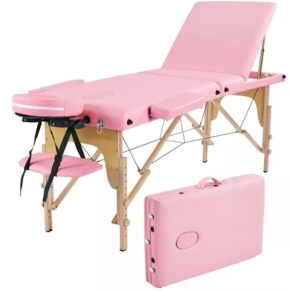 Lettino da Massaggio 3 Zone Portatile Pieghevole Gambe Legno Fisioterapia Rosa