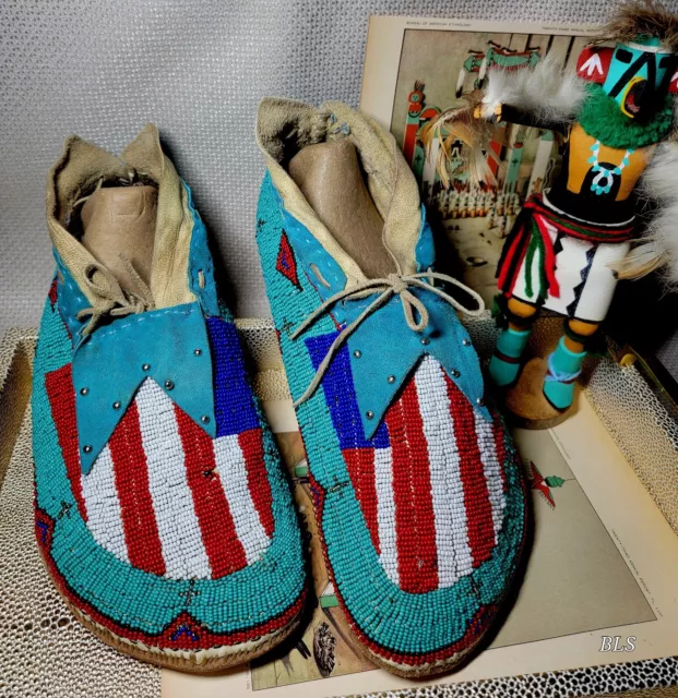 Vintage Native American Flag Northwest Hand-Beaded Men's Regalia Dance Moccasins