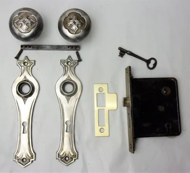 Antique Door Set Victorian / Eastlake Backplate Knob Mortise Lock Key Reclaimed
