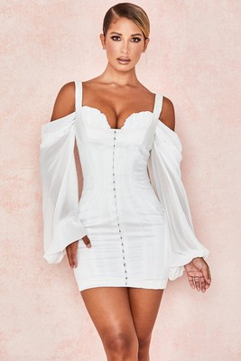 HOUSE OF CB 'Eva' White Corset Dress with Blouson Sleeves /Size M-US 6-8 /JP1120