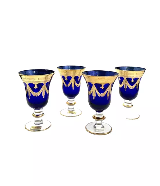 Fancy Glass Set of Four Italian Royal Blue & Gold Cobalt Vintage Collectibles