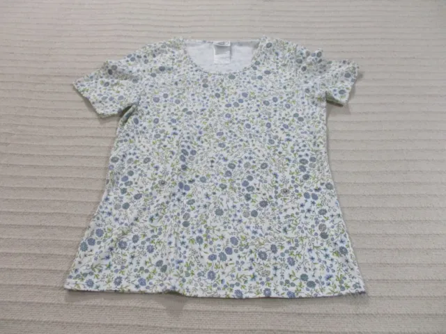 Laura Ashley Womens Shirt Small Petite White Floral Short Sleeve Scoop Neck Tee