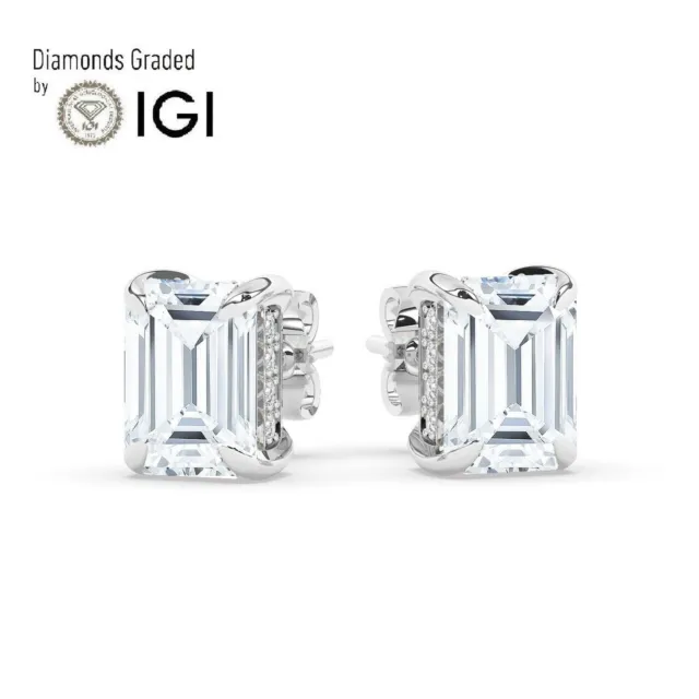 IGI, Emerald Cut Lab-Grown Diamond Hidden Halo Studs Earrings ,18K White Gold