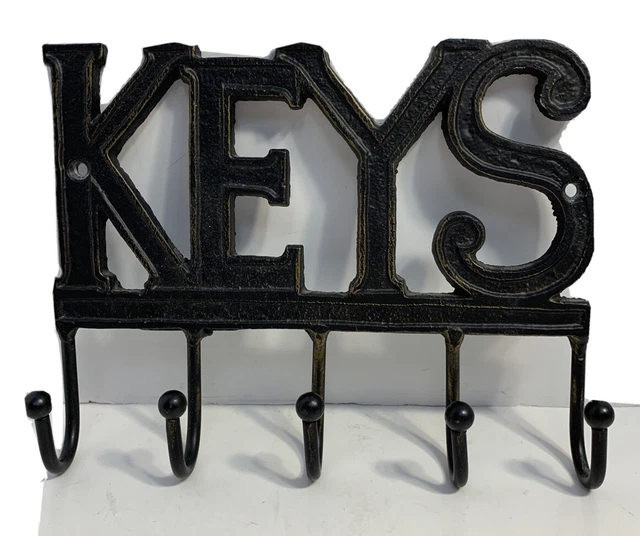 Vintage Cast Iron "KEYS" Wall Mount Key Holder 5 Metal Hooks 6" Tall,8" Long