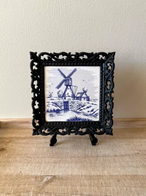 Vintage Cast Iron Framed Scenic Holland Windmill Ceramic Tile 6” x 6”