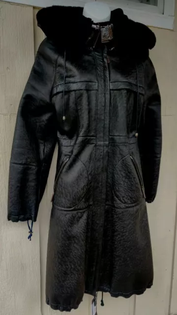 Manzari Designer Leather Shearling  Spanish Merino, Hooded Coat New, S