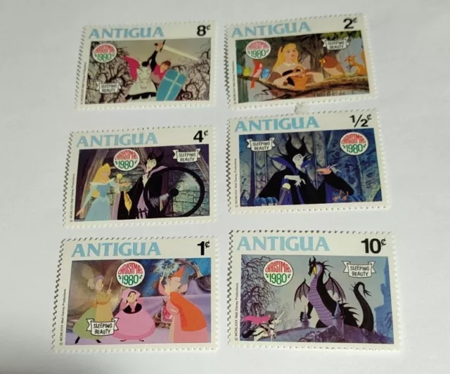 Vintage Antigua Sleeping Beauty 1980 Christmas Postage Stamps 6 Stamps