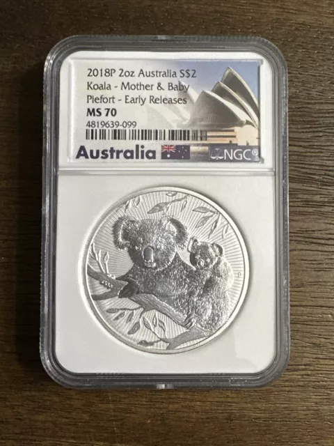 2018 P Australia Koala 2oz Silver Piefort NGC MS70 Early Releases, Mother, Baby