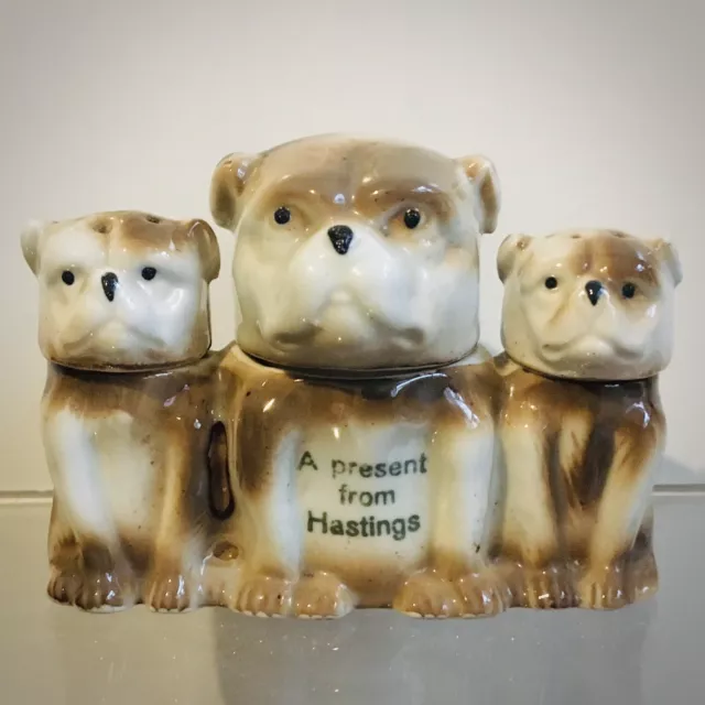 Vintage Porcelain Bulldog Souvenir cruet set.