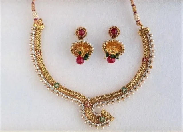 Conjunto de joyería de aretes Jhumka con collar de perlas de oro retro...