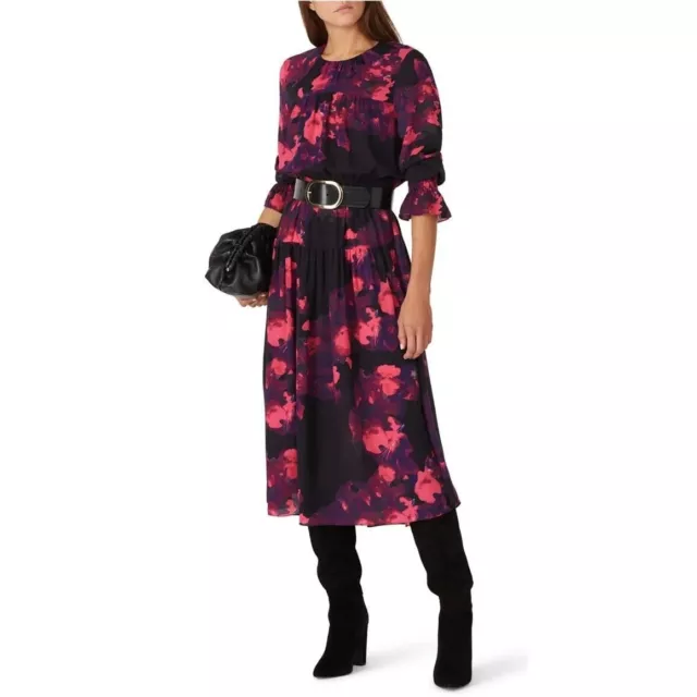 RTR size medium Victor Alfaro black and pink floral ruffle peasant midi dress