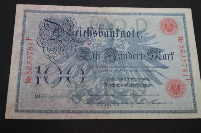 Reichsbanknote 100 Mark Berlin 7 Februar 1908 guter Zustand Rot