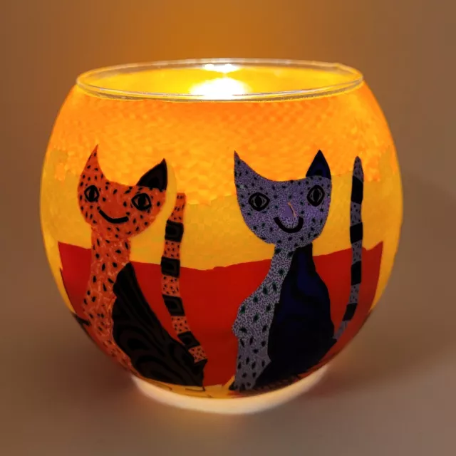 Katze Mosaik Windlicht Glas Fimo Teelichthalter Kugel inkl. LED Teelicht 210