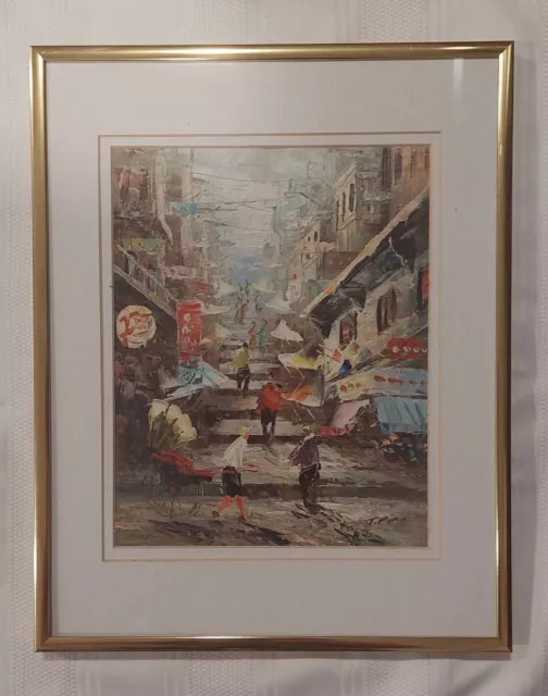 Vintage Hong Kong Acrylic Original Street Art Rickshaw Scene by  T. Ping