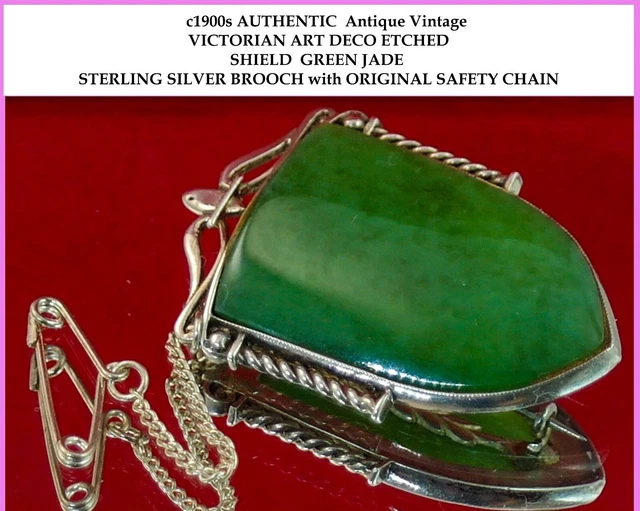 1900s Antique VICTORIAN ART DECO ETCHED EMBOSSED GREEN JADE SILVER BROOCH CHAIN 1900s Antique VICTORIAN ART DECO ETCHED EMBOSSED GREEN JADE SILVER BROOCH CHAIN