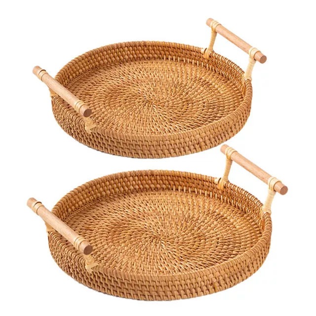 fr Handwoven Rattan Storage Tray with Handle Round Wicker Food Plate Fruit Baske