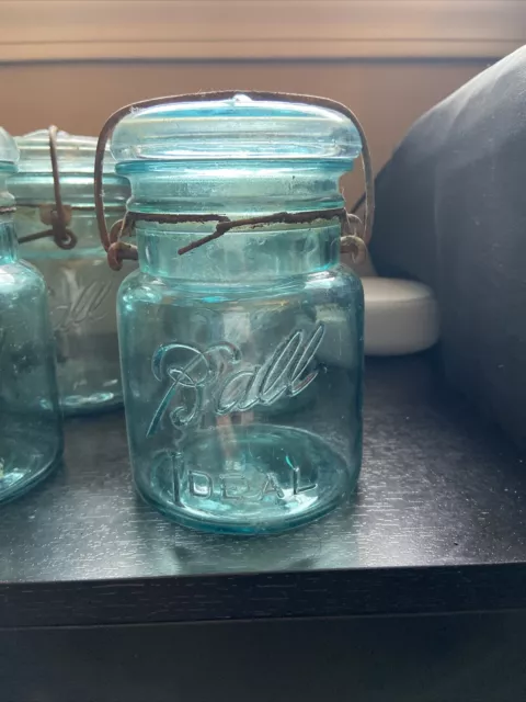 Ball Ideal Blue Aqua Pint Canning Jar with Glass Lid Vintage lot of 6