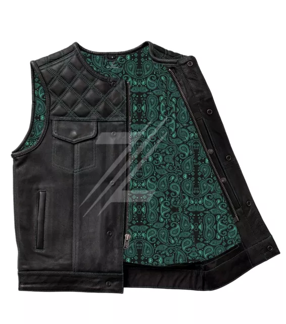 Men's Cowhide Motorbike Leather Vest Diamond Quilted Motorcycle Club Bikers Vest