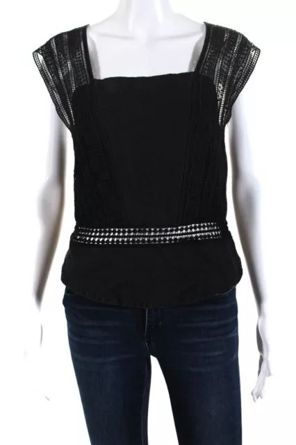 Rebecca Minkoff Womens Cotton Lace Cutout Sleeveless Blouse Top Black Size L