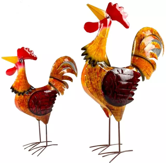 Gartenskulptur Hahn & Huhn handgemachte Figur Metallfigur Orange Teichfigur Deko