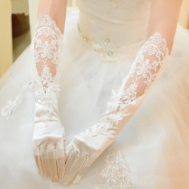 White Satin Women's Long Gloves Opera Lace Appliques Wedding Evening Party Prom