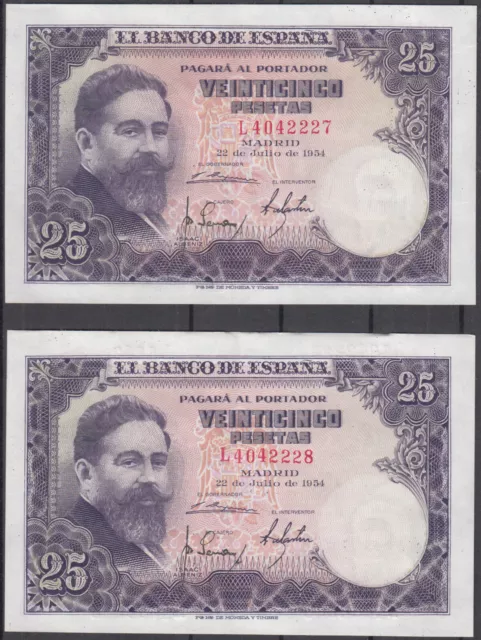 España Pareja Billetes Correlativos 25 Pesetas 1954 Isaac Albeniz Serie L - Ebc