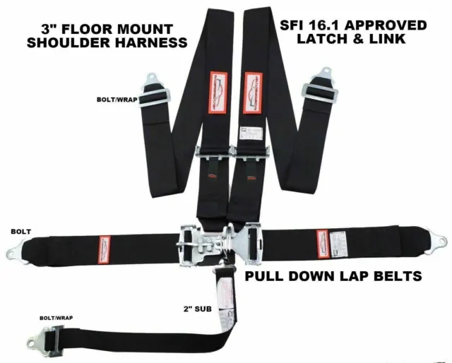 Black Safety Harness 5 Point Sfi 16.1 Racing Latch & Link 3" Floor Mount Bolt In