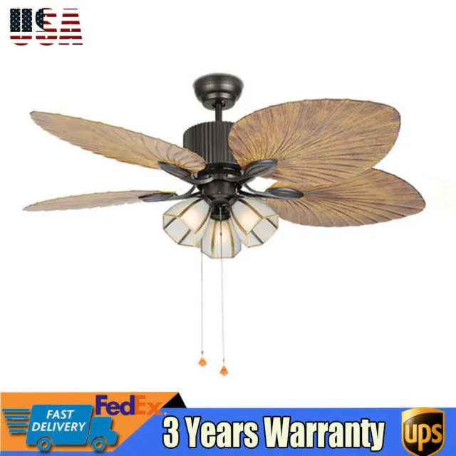52” Indoor Tropical Ceiling Fan with Light Kit Five Hand-carved Palm Leaf Blades