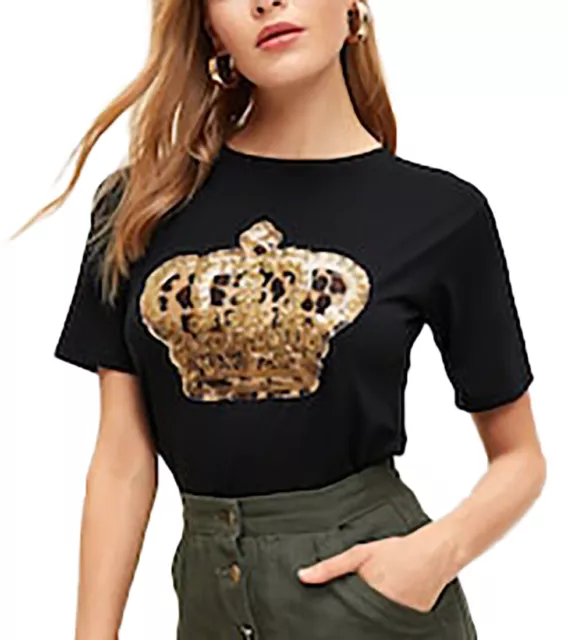 T-shirt maniche corte casual con applicazione paillettes decoro corona