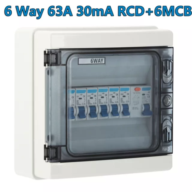 6 Way Garage Caravan Consumer Unit Fuse Box 63A 30mA RCD+6MCB 6A/16A/32A IP65 UK