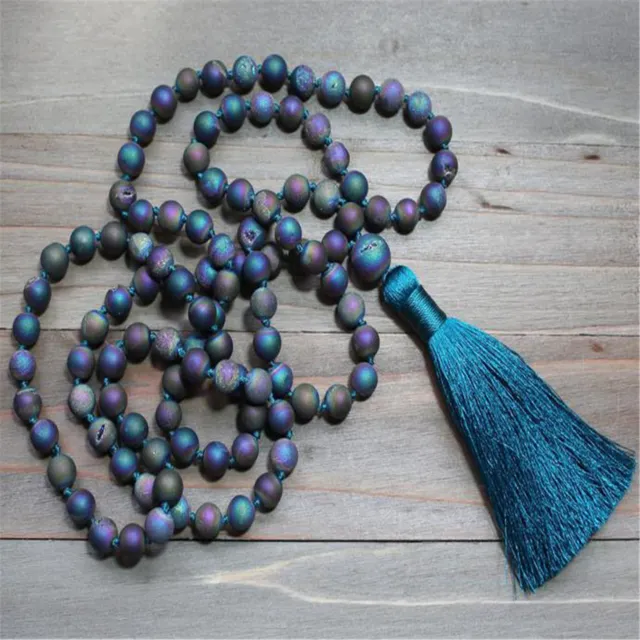 Natural Druzy Agate 108 Beads Tassel Knotted Necklace Meditation Chakra Bless