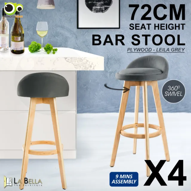4X Wooden Bar Stool Swivel Barstools Dining Chair Kitchen Fabric LEILA GREY