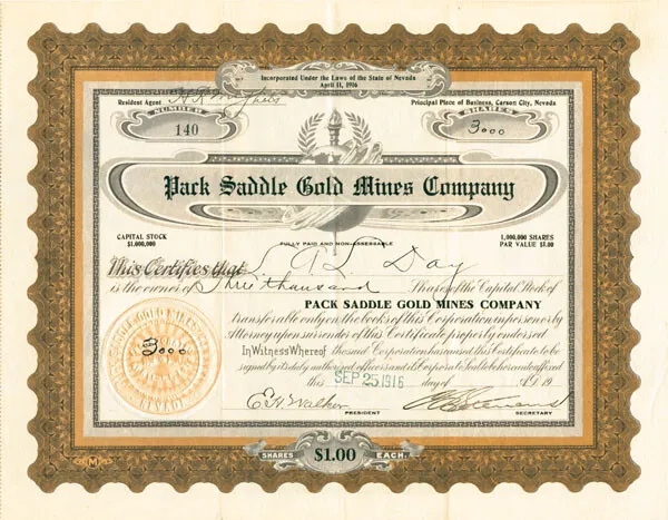 Pack Saddle Gold Mines Co. - Stock Certificate - Mining Stocks