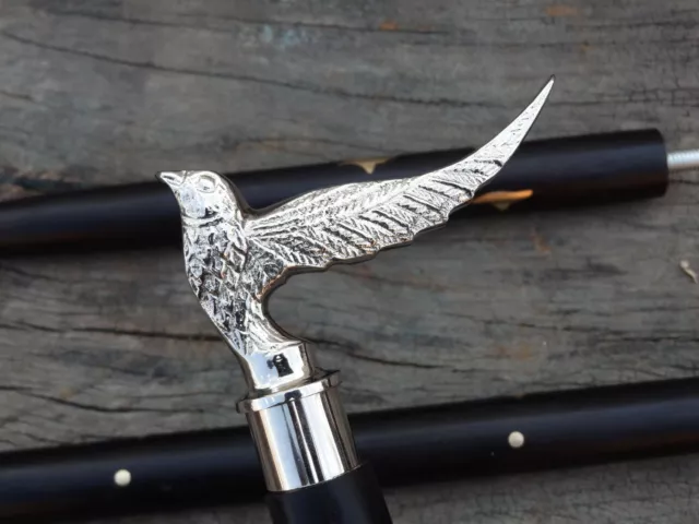 Victorian Antique Brass Silver Bird Handle Wooden Walking Stick/Canes Vintage