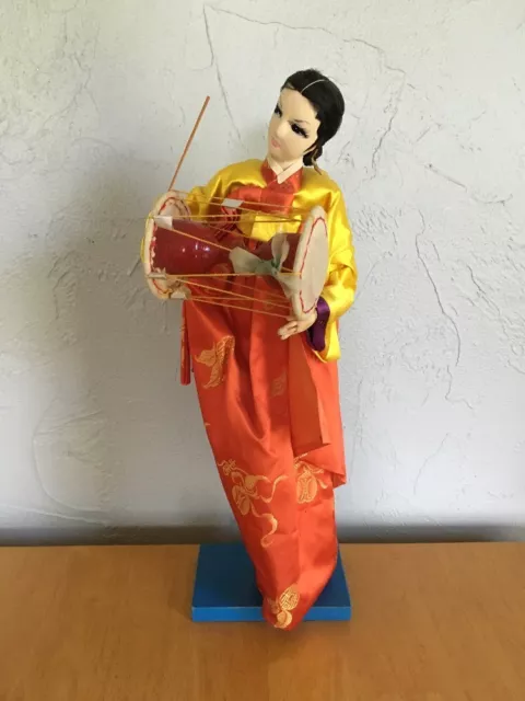 Vintage Geisha Doll 15" Tall with Tsuzumi Japanese Hand Drum