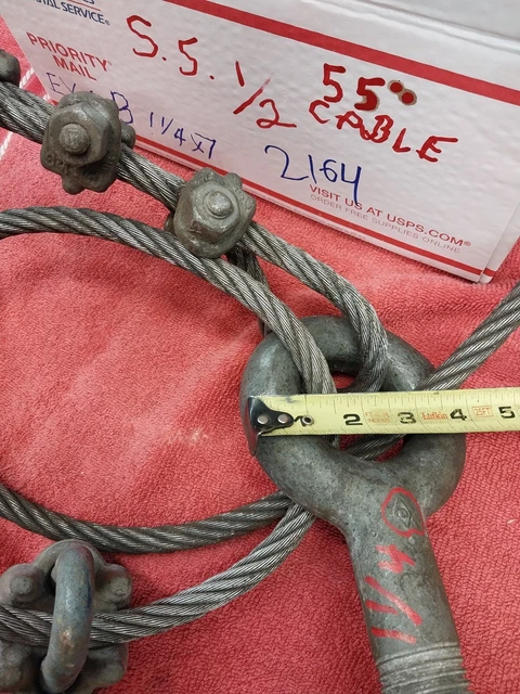 1/2 stainless  aircraft heavy lift cable  55 in. w. 7 clamps 1 1/4 dia. eye bolt
