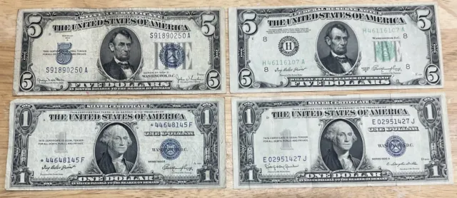 4 Bills ~ Silver Certificates & Star Note ~ 1 & 5 Dollar Bills ~ 1934 D 1935 E H