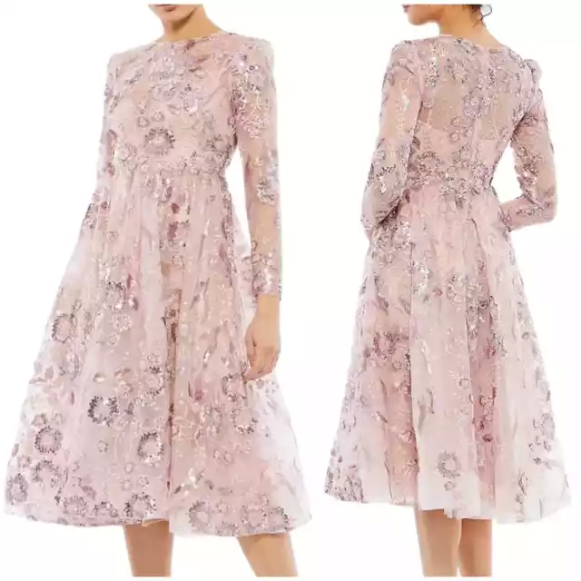 Mac Duggal NWT Floral Embellished Long Sleeve A-Line Dress Size 8 Rose Pink