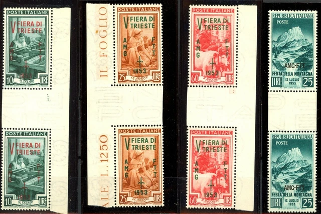 Italy Trieste 1953 Scarce Set of 4 GUTTER PAIRS MNH Scott's 178 179 180 & 181