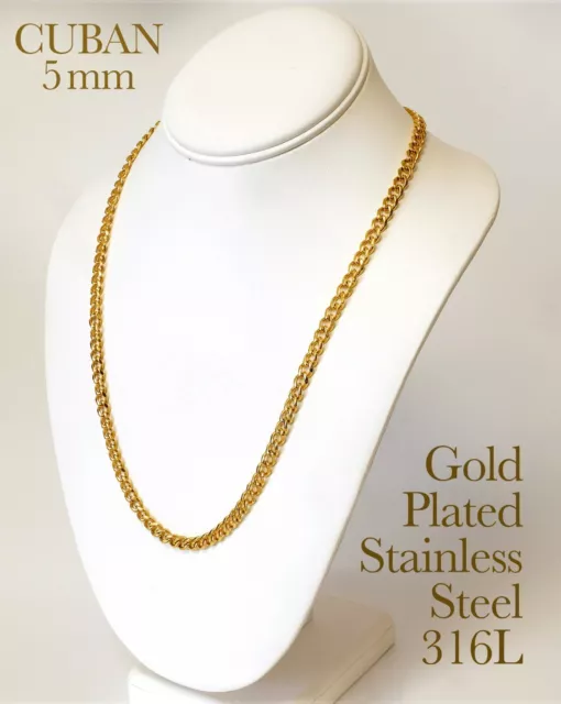 18K Gold Plated Beveled Cuban Link Stainless Steel 316L Chain Necklace 14"-48"