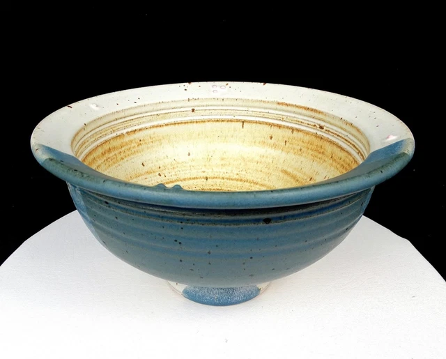 Studio Art Pottery Signed Wheel Thrown Blue And Cream 10 1/2" Footed Bowl