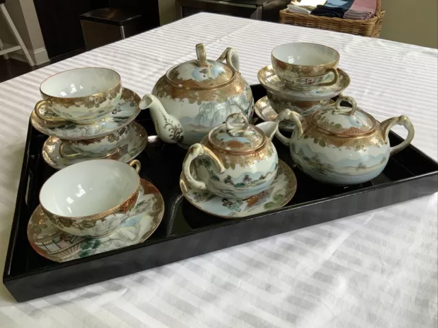 Antique Hand Painted Nippon China, 17 Pc Tea Set - Teapot, Creamer, Sugar, 5 C/S